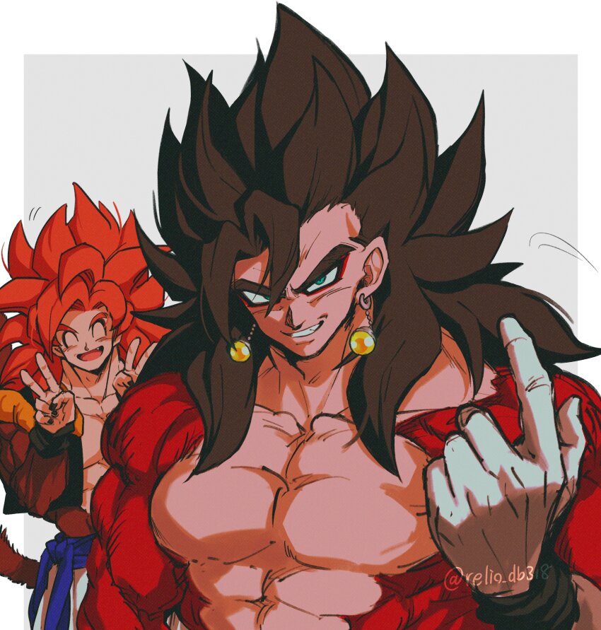2boys absurdres biceps blue_eyes blue_sash body_fur dragon_ball dragon_ball_gt dragon_ball_heroes earrings gogeta gogeta_(xeno) highres jewelry looking_at_viewer male_focus metamoran_vest monkey_boy monkey_tail multiple_boys muscular muscular_male no_nipples pants pectorals potara_earrings red_fur red_hair relio_db318 sash simple_background smile spiked_hair super_saiyan super_saiyan_4 tail vegetto vegetto_(xeno) veins veiny_hands white_pants