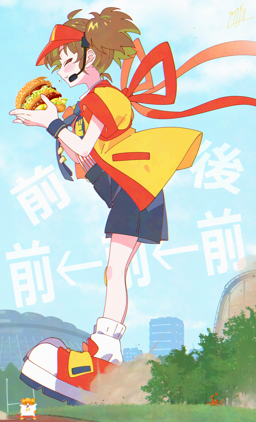 1girl absurdres ahoge black_shorts blue_necktie blue_sky brown_hair burger closed_eyes eating employee_uniform fast_food_uniform food giant giantess hamster headset highres holding holding_burger holding_food imadake_dabuchi_tabemi imadake_dabuchi_tabesuke mcdonald&#039;s necktie open_happi outdoors red_shoes shirt shoes shorts signature sky striped_clothes striped_shirt twintails vertical-striped_clothes vertical-striped_shirt visor_cap white_shirt yabamitsu yellow_happi