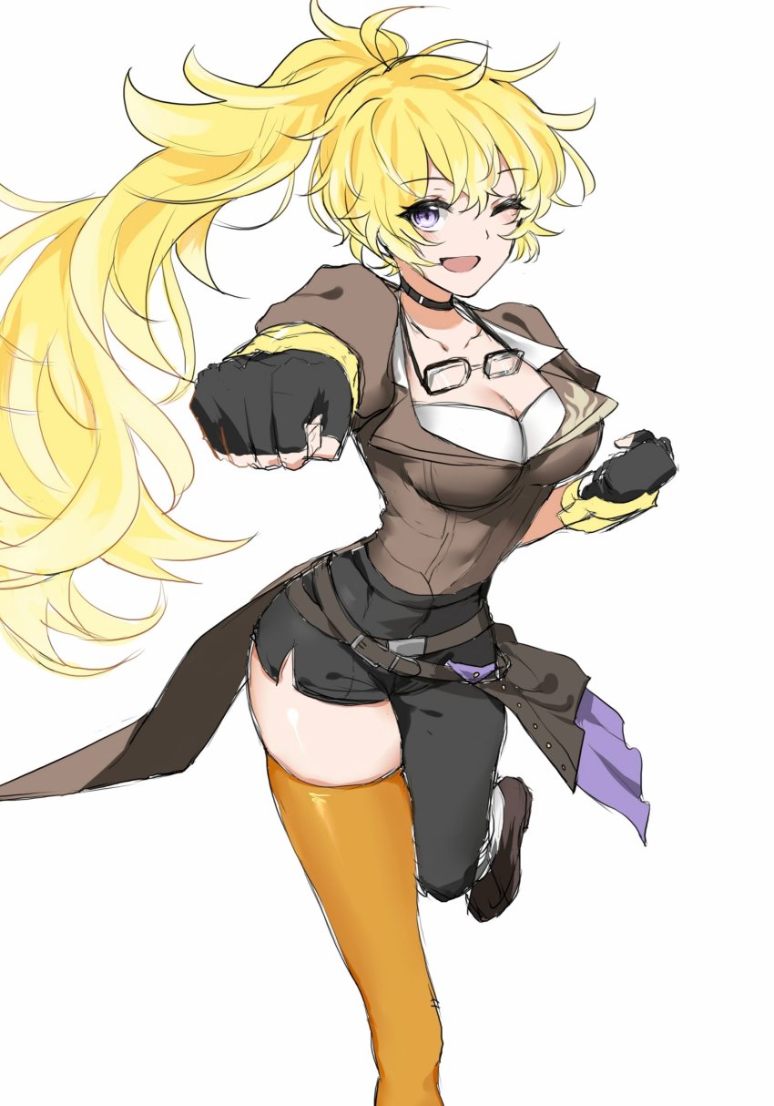 1girl absurdres asymmetrical_legwear blonde_hair breasts cleavage ember_celica_(rwby) fingerless_gloves gloves goggles goggles_around_neck highres large_breasts official_alternate_costume one_eye_closed punching purple_eyes rwby rwby_ice_queendom solo thighhighs tl_(xdd) white_background yang_xiao_long