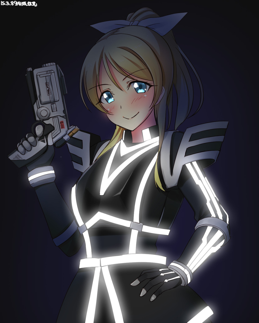 1girl armor ayase_eli belt blonde_hair blue_eyes cosplay crossover female_focus glowing gun highres kamen_rider kamen_rider_555 kamen_rider_delta love_live! love_live!_school_idol_project neon_lights neon_trim ponytail smile solo weapon yu-ta