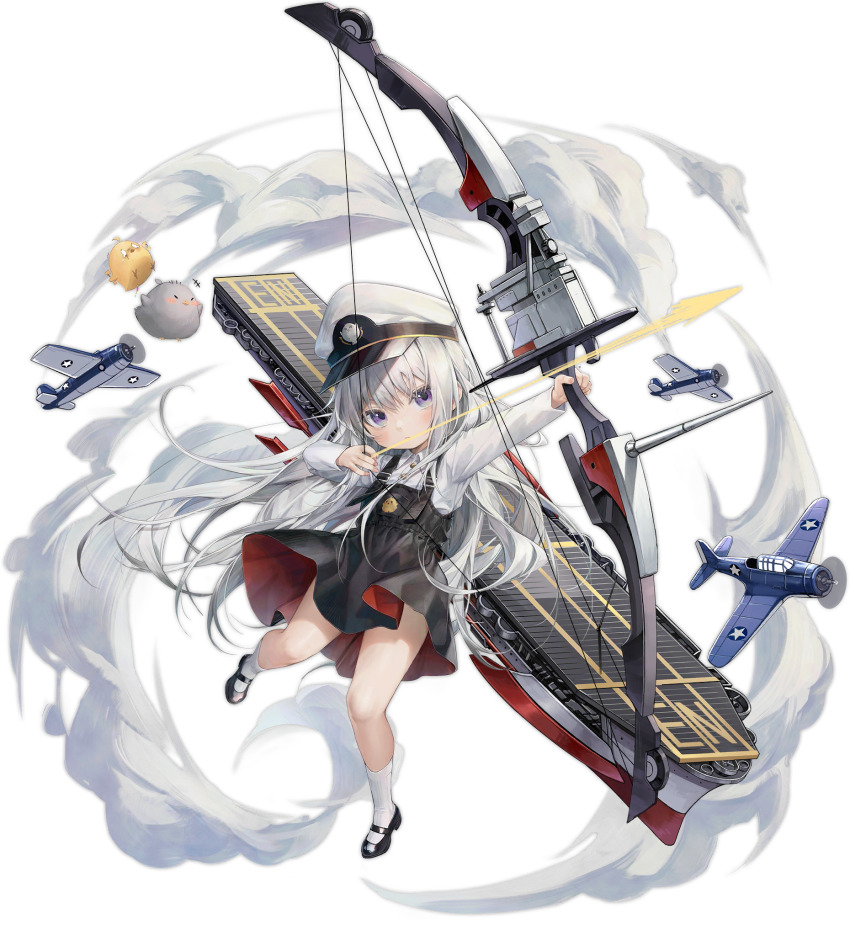 1girl aged_down aircraft airplane azur_lane baby_animal bird black_shoes bow_(weapon) chick child collared_shirt compound_bow douya_(233) f4f_wildcat flight_deck full_body grey_eyes hat highres kneehighs little_enterprise_(azur_lane) long_hair long_sleeves manjuu_(azur_lane) mary_janes military_vehicle official_art overall_skirt peaked_cap propeller_fighter rigging sbd_dauntless shirt shoes silver_hair socks solo transparent_background very_long_hair weapon white_hat white_shirt white_socks