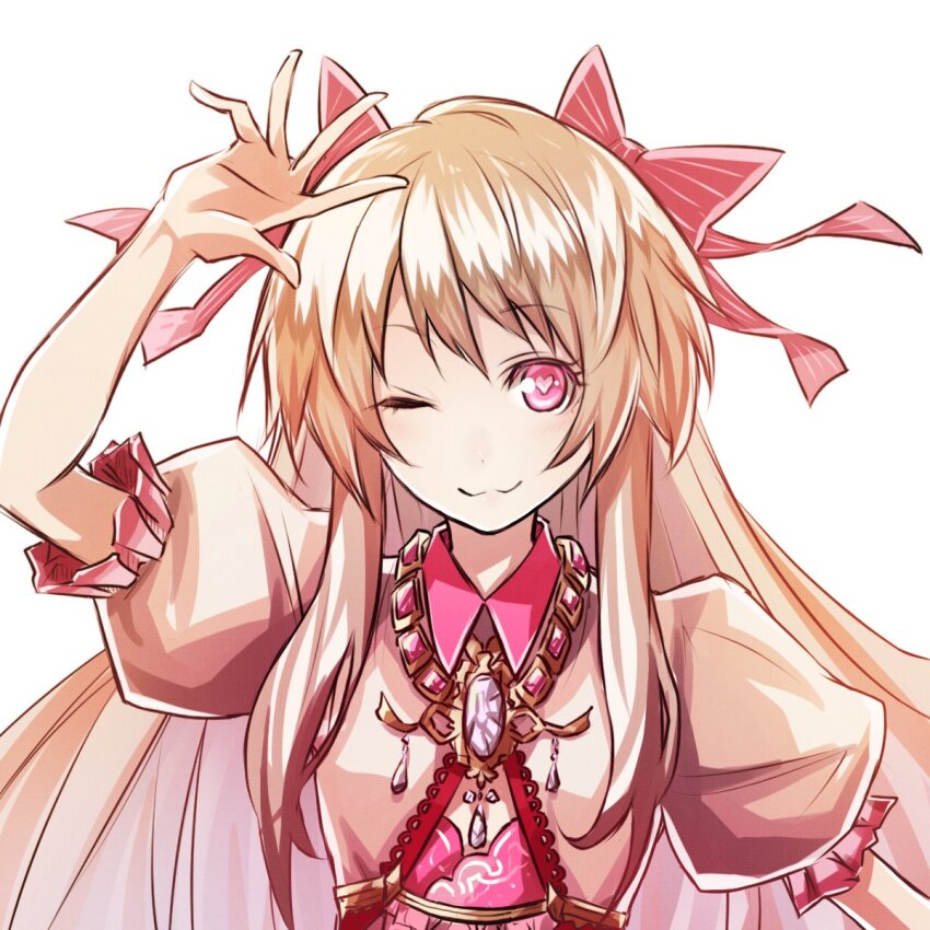1girl ;3 blonde_hair breasts chaos_marie_(grimms_notes) cleavage cleavage_cutout closed_mouth clothing_cutout collar corset diamond_necklace frilled_corset frills grimms_notes hair_ribbon hana_grimms hand_up heart heart-shaped_pupils highres jewelry long_hair necklace one_eye_closed pink_collar pink_corset pink_ribbon puffy_short_sleeves puffy_sleeves ribbon shirt short_sleeves sidelocks simple_background solo symbol-shaped_pupils white_background white_shirt