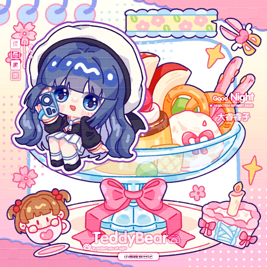 1girl ankle_socks apple apple_slice beret black_ribbon black_shirt black_shoes blue_eyes blue_hair blunt_bangs blush_stickers bow bowl brown_hair cake cake_slice camcorder camera candle cardcaptor_sakura character-themed_food cherry_blossoms chibi chinese_commentary commentary_request commission cup dadada_ruzi daidouji_tomoyo eyelashes fire flower food fruit glass_bowl gradient_background hair_bobbles hair_ornament halftone hat hat_ribbon heart highres holding holding_camera ice_cream kinomoto_sakura long_hair long_sleeves miniskirt on_food open_mouth pink_background pink_bow pink_flower pleated_skirt pocky pretzel pudding puffy_long_sleeves puffy_sleeves ribbon sailor_collar sample_watermark saucer school_uniform scissors serafuku shirt shoes sitting skirt smile socks sparkle teacup tomoeda_elementary_school_uniform tomoeda_middle_school_uniform two_side_up very_long_hair video_camera watermark watermark_grid wavy_hair white_hat white_sailor_collar white_skirt white_socks yellow_background
