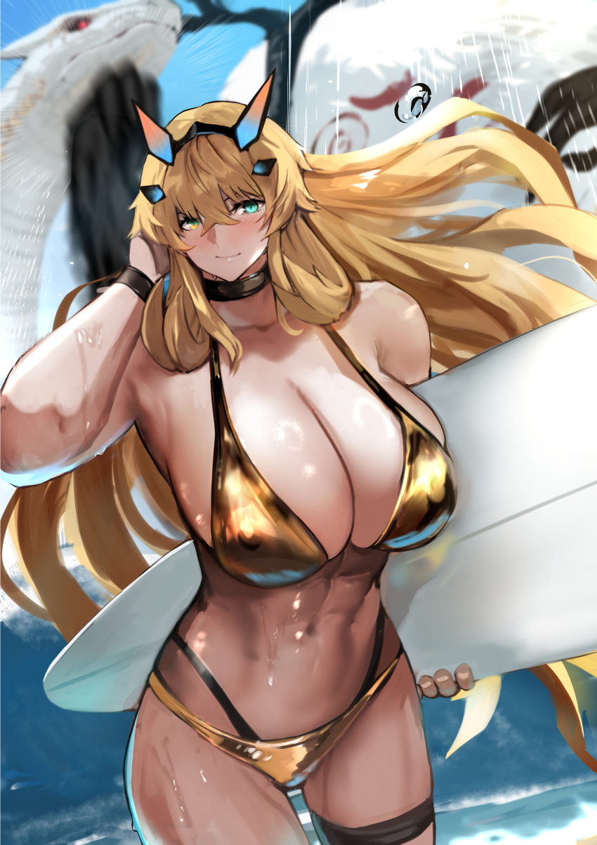 1girl abs absurdres animal bare_shoulders barghest_(fate) bikini blonde_hair blue_sky blush breasts cernunnos_(fate) cleavage collarbone fate/grand_order fate_(series) giant_snake gold_bikini green_eyes highres horns jikihatiman large_breasts long_hair looking_at_viewer muscular muscular_female navel oversized_animal sky snake solo_focus surfboard swimsuit thighs