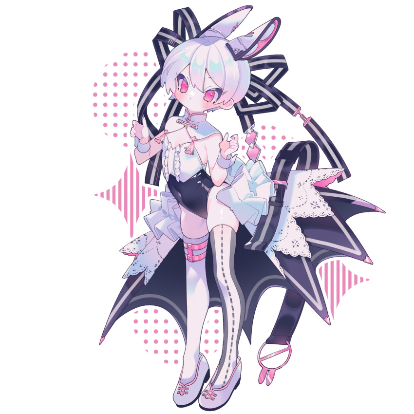 1boy animal_ears black_ribbon black_thighhighs blush cleavage_cutout closed_mouth clothing_cutout commentary expressionless fake_animal_ears full_body hair_ribbon highres leotard male_focus mandarin_collar original ozureiji pink_eyes pink_nails rabbit_ears ribbon shoes showgirl_skirt solo symbol-only_commentary tassel thighhighs thighs trap tsurime w_arms white_shoes white_thighhighs wrist_cuffs