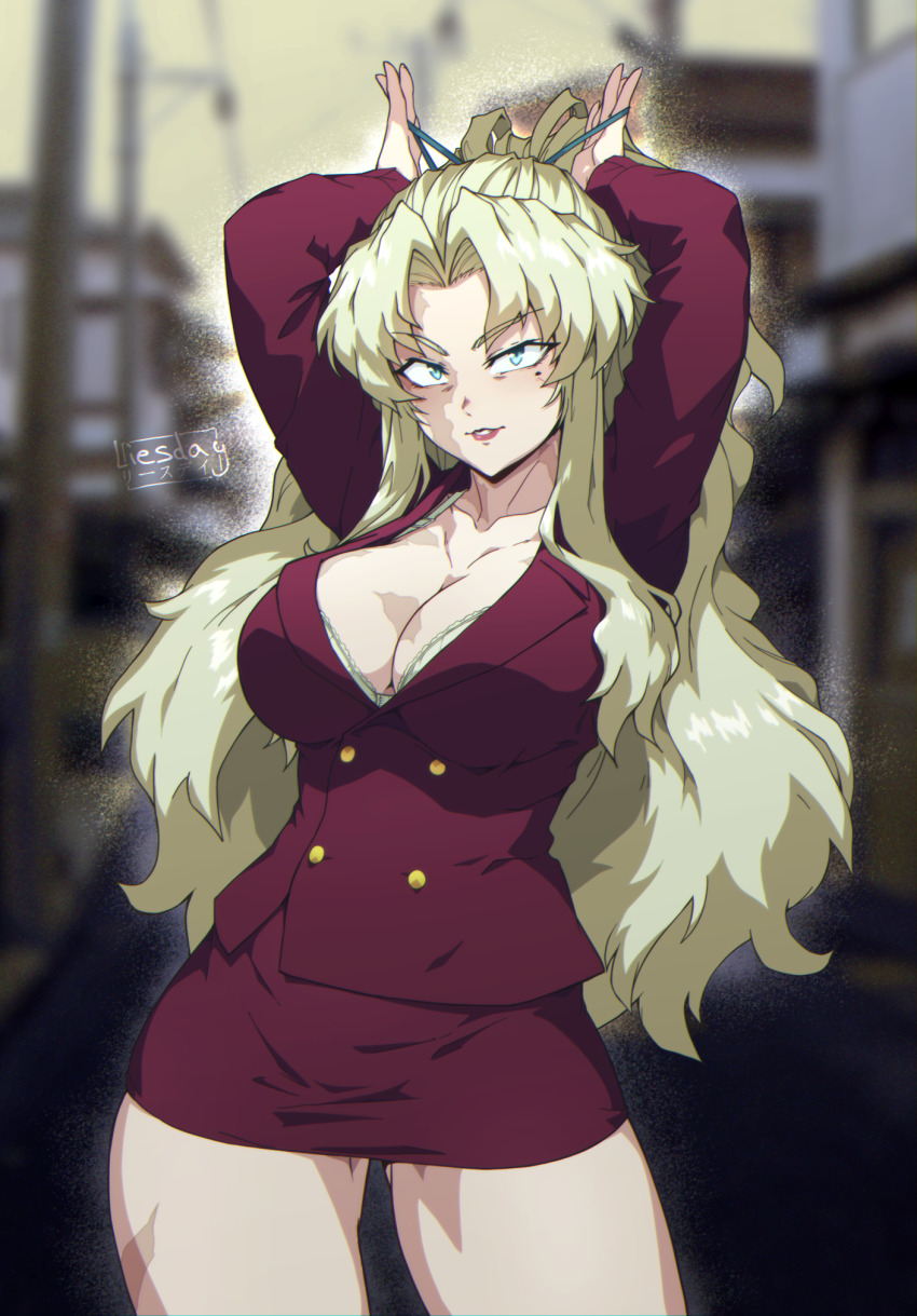1girl adjusting_hair arms_up balalaika_(black_lagoon) black_lagoon blonde_hair blue_eyes blurry blurry_background bra breasts cleavage cowboy_shot ledy long_hair long_sleeves miniskirt mole mole_under_eye office_lady outdoors parted_bangs scar scar_on_face skirt solo standing underwear white_bra