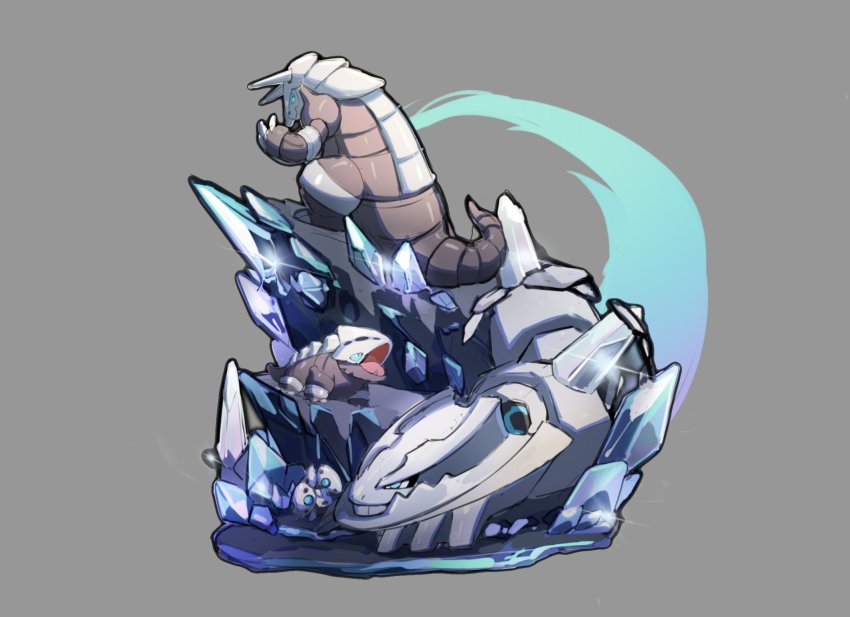 aggron aron blue_eyes claws commentary_request crystal evolutionary_line gen_2_pokemon gen_3_pokemon grey_background highres lairon lanjiujiu looking_back mega_pokemon mega_steelix nintendo no_humans open_mouth pokemon pokemon_(creature) standing steelix teeth tongue