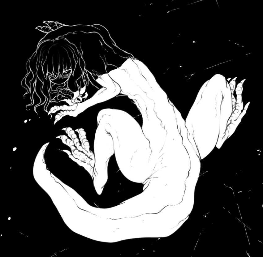 1boy all_fours black_background claws crawling creepy demi_(dizzyspells) dizzyspells dragon_boy dragon_tail eyepatch feminine fingernails full_body hair_over_shoulder highres long_hair looking_at_viewer looking_back male_focus monster_boy no_mouth original shaded_face shadow sharp_fingernails sharp_toenails simple_background solo symbol tail taur toenails triangle_print