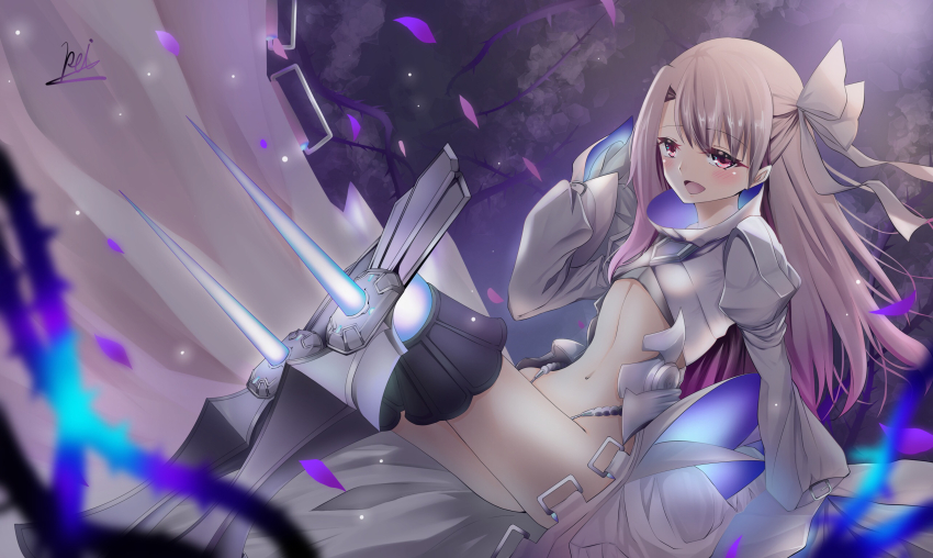 1girl armored_boots blonde_hair blush boots breasts cosplay cropped_jacket fate/grand_order fate/kaleid_liner_prisma_illya fate_(series) hair_ribbon highres illyasviel_von_einzbern jacket long_hair long_sleeves looking_at_viewer meltryllis_(fate) meltryllis_(fate)_(cosplay) meltryllis_(swimsuit_lancer)_(third_ascension)_(fate) meltryllis_(third_ascension)_(fate) navel open_mouth pei_iriya petals prosthesis prosthetic_leg red_eyes ribbon sidelocks sleeves_past_fingers sleeves_past_wrists small_breasts smile solo white_jacket white_ribbon