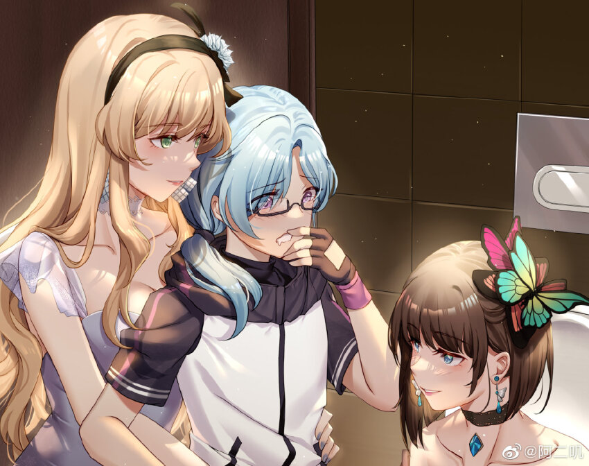 1boy 2girls aer_(tengqiu) alternate_costume bathroom blonde_hair blue_eyes blue_hair blush brown_hair butterfly_hair_ornament choker dress earrings fingerless_gloves glasses gloves green_eyes hair_ornament hairband jewelry long_hair missouri_(warship_girls_r) multiple_girls purple_eyes short_hair single_sidelock smile warship_girls_r watermark wavy_hair weibo_watermark wisconsin_(warship_girls_r)