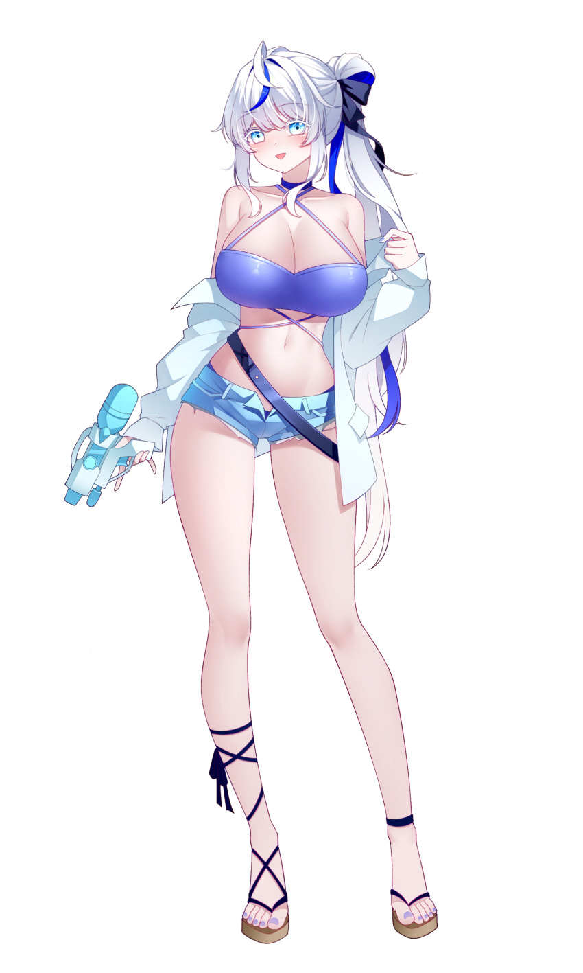 1girl absurdres ahoge aokumo_rin bare_shoulders belt bikini blue_bikini blue_choker blue_eyes blue_shorts bow breasts buyange choker cleavage colored_eyelashes criss-cross_halter cutoffs denim denim_shorts full_body hair_bow halterneck highres holding holding_water_gun huge_breasts jacket long_hair long_sleeves looking_at_viewer loose_belt micro_shorts multicolored_hair navel off_shoulder open_clothes open_fly open_jacket open_mouth ponytail sandals shorts simple_background smile solo spaghetti_strap stellive stomach streaked_hair string_bikini swimsuit thighs two-tone_hair very_long_hair virtual_youtuber water_gun white_background white_eyelashes white_hair white_jacket