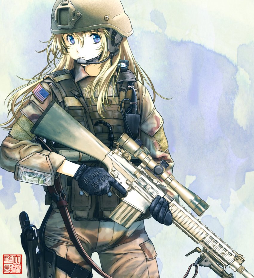 1girl american_flag ar-10 battle_rifle black_gloves blonde_hair bulletproof_vest camouflage closed_mouth clothes_writing cowboy_shot desert_camouflage female_focus gloves gun hair_between_eyes headset helmet highres holding holding_gun holding_weapon holster long_hair looking_at_viewer military military_combat_uniform military_fatigues military_uniform oofuji_reiichirou original rifle sideways_glance smile sniper_rifle solo thigh_holster trigger_discipline united_states weapon wind