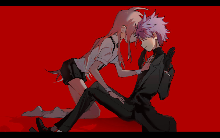 2boys absurdres black_coat black_gloves black_pants black_shoes black_shorts chinese_commentary chuanhua closed_mouth coat commentary_request earrings from_side gloves hand_on_another&#039;s_chest hands_up hatsutori_hajime highres jewelry kneeling lapels letterboxed long_hair long_sleeves male_focus multiple_boys no_shoes notched_lapels open_clothes open_coat pants pink_hair red_background red_eyes saibou_shinkyoku shirt shoes short_hair short_sleeves shorts sitting smile socks suspender_shorts suspenders theodore_riddle turtleneck white_shirt white_socks wrist_cuffs yaoi