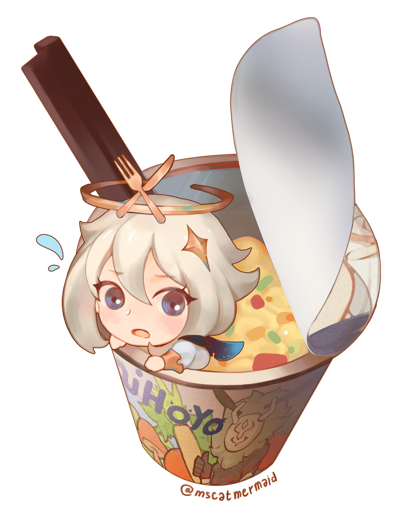 1girl blue_eyes cape chopsticks cup_ramen dress food frown genshin_impact halo highres in_food looking_at_viewer ms.catmermaid paimon_(genshin_impact) scarf short_hair white_dress white_hair