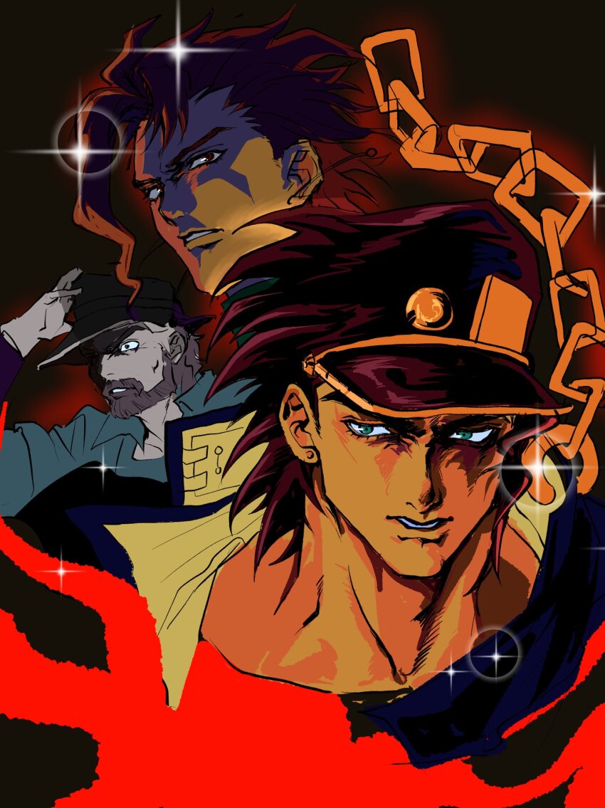 3boys beard black_hat blue_shirt brown_hair chain commentary earrings facial_hair gakuran gold_chain green_eyes grey_hair hat high_collar highres jewelry jojo_no_kimyou_na_bouken joseph_joestar joseph_joestar_(old) kakyoin_noriaki kepi kuujou_joutarou male_focus military_hat multiple_boys parted_lips school_uniform shirt sparkle stardust_crusaders stardust_crusaders_(ova) stud_earrings worker_17287