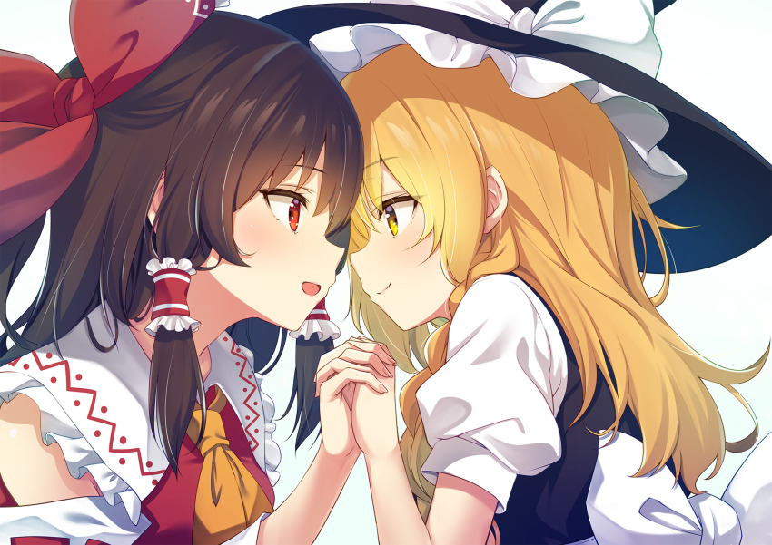 2girls ascot bare_shoulders black_headwear black_vest blonde_hair blush bow brown_hair detached_sleeves eye_contact fingernails hair_between_eyes hair_bow hair_tubes hakurei_reimu hat hat_bow highres japanese_clothes kirisame_marisa long_hair looking_at_another multiple_girls murasaki_atsushi nontraditional_miko puffy_short_sleeves puffy_sleeves red_bow red_eyes ribbon-trimmed_sleeves ribbon_trim shirt short_sleeves sidelocks simple_background touhou vest white_background white_bow white_shirt white_sleeves witch_hat yellow_ascot yellow_eyes
