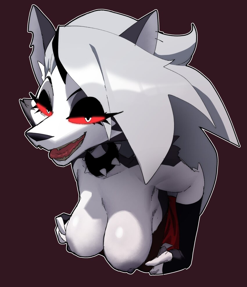 absurdres animal_ears black_collar black_eyeshadow breasts breasts_out collar colored_sclera eyelashes eyeshadow fingerless_gloves flashing furry furry_female gloves grey_fur grey_hair helluva_boss highres inker_comics large_breasts leaning_forward long_hair looking_at_viewer loona_(helluva_boss) makeup mane nipples open_mouth portrait red_eyes red_sclera simple_background spiked_collar spikes tongue tongue_out topless_female two-tone_fur wolf_ears wolf_girl