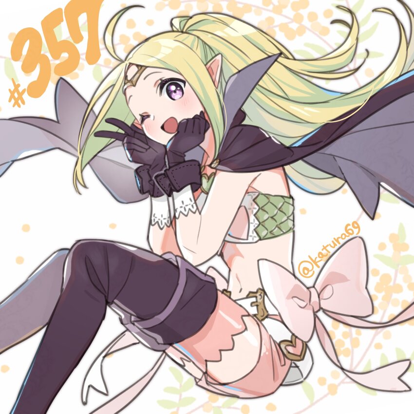 1girl ;d absurdres black_boots black_cape black_gloves blonde_hair boots cape fire_emblem fire_emblem_awakening gloves highres katsura_ichiho looking_at_viewer nintendo nowi_(fire_emblem) one_eye_closed open_mouth pink_shorts pointy_ears ponytail purple_eyes shorts smile solo thigh_boots twitter_username v