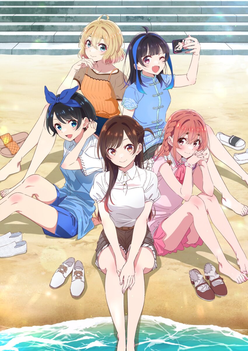 5girls :d barefoot black_hair blonde_hair blouse blue_eyes blue_hairband blue_ribbon blue_shirt blue_shorts blush bow braid breasts brown_eyes brown_hair closed_mouth collared_shirt commentary_request cover cover_image cover_page hair_between_eyes hairband highres kanojo_okarishimasu legs long_hair looking_at_viewer lower_teeth_only medium_breasts mizuhara_chizuru multiple_girls nanami_mami official_art one_eye_closed open_mouth outdoors pink_eyes pink_shirt pink_skirt red_eyes red_hair ribbon sakurasawa_sumi sarashina_ruka second-party_source selfie shirt short_hair shorts side_braid sitting skirt smile teeth textless_version water white_shirt wing_collar yaemori_mini