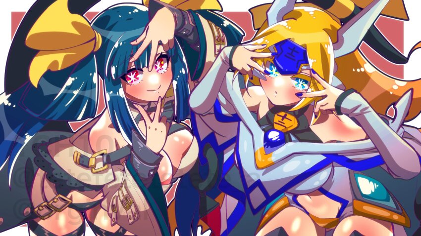 2girls bare_shoulders belt blazblue blonde_hair blue_eyes blue_hair blue_nails blush border breasts cleavage cleavage_cutout clothing_cutout commission company_connection crossover detached_collar detached_sleeves dizzy_(guilty_gear) fingernails guilty_gear guilty_gear_xrd hair_ribbon hair_rings headpiece highres hoshino_ai&#039;s_pose ichi_orgin large_breasts leaning_forward long_hair midriff monster_girl mu-12 multiple_girls navel noel_vermillion oshi_no_ko pink_nails pose_imitation red_background red_eyes revealing_clothes ribbon skeb_commission smile sparkling_eyes star-shaped_pupils star_(symbol) stomach symbol-shaped_pupils thigh_strap thighs white_border yellow_ribbon