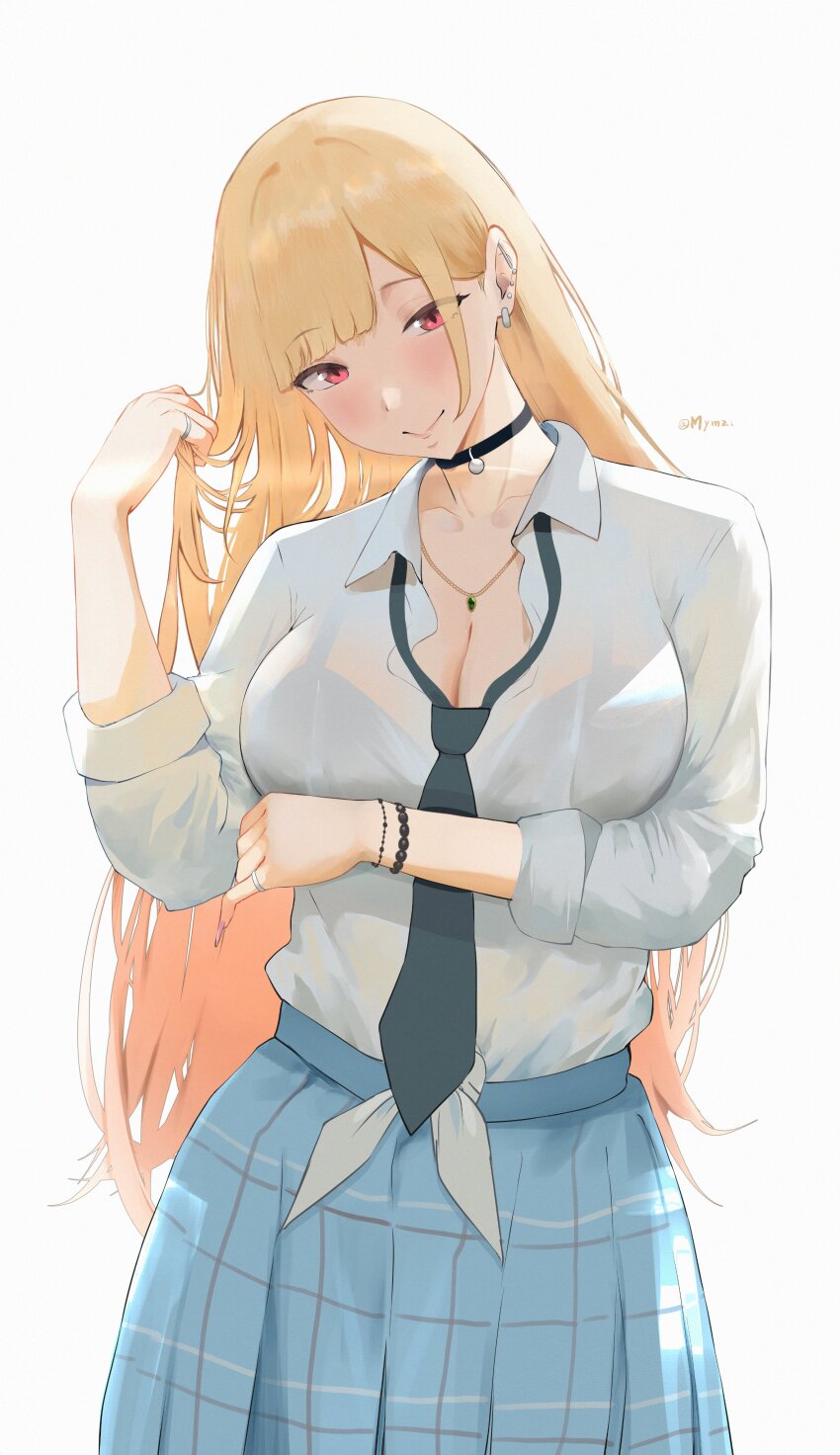 1girl absurdres asymmetrical_bangs barbell_piercing black_choker black_necktie blonde_hair blue_skirt bra_visible_through_clothes bracelet breasts choker cleavage closed_mouth collared_shirt commentary ear_piercing english_commentary fake_nails hair_behind_ear highres industrial_piercing jewelry kitagawa_marin large_breasts long_hair looking_at_viewer multiple_bracelets multiple_rings mymzi necklace necktie piercing pink_nails plaid_clothes plaid_skirt playing_with_own_hair red_eyes ring school_uniform shirt shirt_tucked_in skirt smile solo sono_bisque_doll_wa_koi_wo_suru twitter_username white_background white_shirt