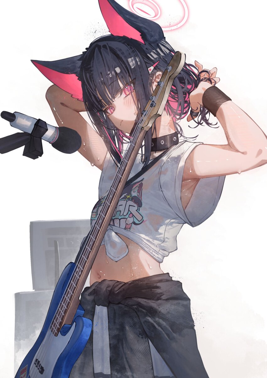 1girl absurdres adjusting_hair amplifier armpits arms_up bare_arms bass_guitar betabeet black_choker black_collar black_mask blue_archive blue_hair blush choker clothes_around_waist collar colored_inner_animal_ears colored_inner_hair bass_guitar extra_ears fender_jazz_bass halo highres holding holding_bass_guitar holding_instrument instrument jacket jacket_around_waist kazusa_(band)_(blue_archive) kazusa_(blue_archive) looking_at_viewer mask mask_pull microphone microphone_stand midriff mouth_mask multicolored_hair navel pink_eyes pink_halo print_shirt shirt short_sleeves solo stomach sweat sweatband sweatdrop t-shirt tied_shirt