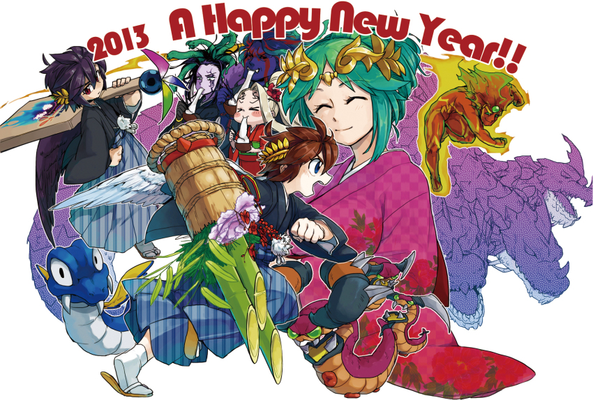 &gt;_&lt; 2013 ^_^ alternate_costume alternate_hairstyle angel angel_wings bamboo black_hair blonde_hair blue_eyes blue_skin blush_stickers brown_hair character_request closed_eyes closed_mouth clothing_request colored_skin creature_request dark_pit dragon english_text facial_tattoo feathered_wings fiery_hair food from_side full_body green_eyes green_hair hades_(kid_icarus) hair_up happy_new_year hewdraw highres holding japanese_clothes kid_icarus kid_icarus_uprising laurel_crown male_focus mature_male medusa_(kid_icarus) mochi monster_boy monster_girl multiple_boys multiple_girls new_year nintendo object_request palutena pit_(kid_icarus) purple_skin pyrrhon red_eyes red_skin shemum smile snake_hair suno_(imydream) tattoo v-shaped_eyebrows viridi white_wings wings