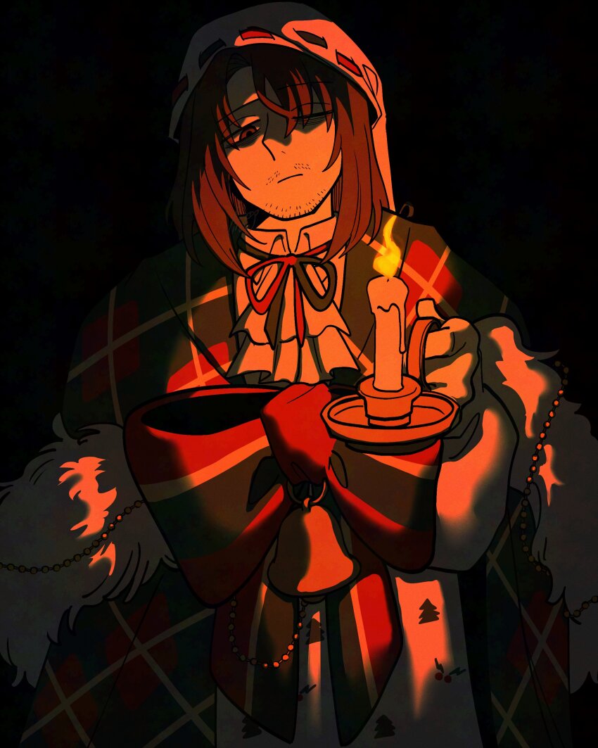 11230kingyo 1boy absurdres ascot bell black_background bow bowtie brown_eyes brown_hair candlestand christmas_nightmare_(e.g.o) closed_mouth collared_shirt e.g.o_(project_moon) facial_hair fur-trimmed_shawl fur_trim green_shawl gregor_(project_moon) hair_down hat highres holding_candlestand limbus_company looking_at_viewer male_focus medium_hair one_eye_closed plaid_clothes plaid_shawl project_moon shawl shirt simple_background solo striped_bow striped_bowtie striped_clothes upper_body white_ascot white_hat