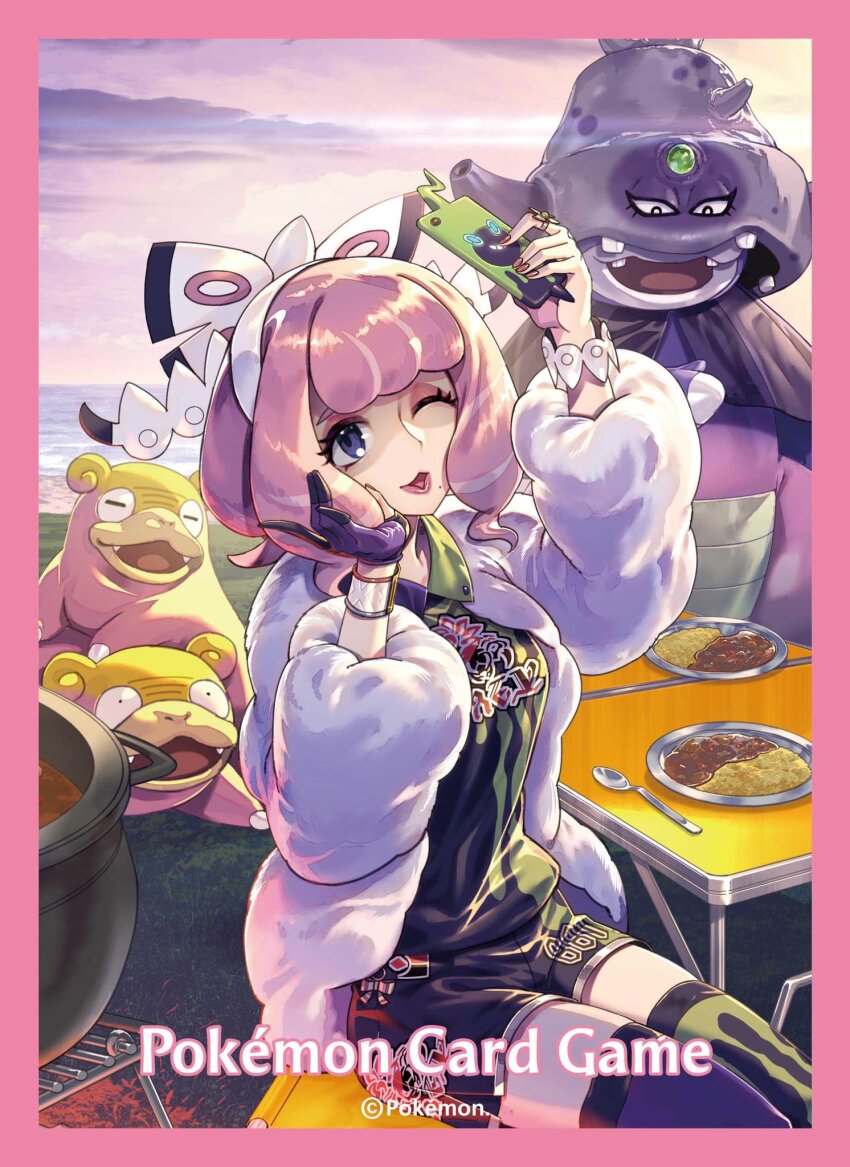 1girl asymmetrical_legwear border bracelet breasts collared_shirt colored_skin curry drill_hair dynamax_band eyeshadow flipped_hair food forehead_jewel fur_jacket galarian_form galarian_slowking galarian_slowpoke gem gen_4_pokemon gen_8_pokemon gloves green_gemstone hairband highres holding holding_phone jacket jewelry klara_(pokemon) makeup medium_breasts mismatched_legwear mole mole_under_mouth nintendo official_art one_eye_closed phone pink_border pink_eyeshadow pink_hair pink_lips pink_nails pink_skin plate pokemon pokemon_(creature) pokemon_swsh pokemon_tcg print_shirt print_shorts print_thighhighs purple_eyes ring rotom rotom_phone selfie shaded_face shirt short_hair shorts side_slit side_slit_shorts single_glove spoon table thighhighs third-party_source twin_drills white_hairband white_jacket