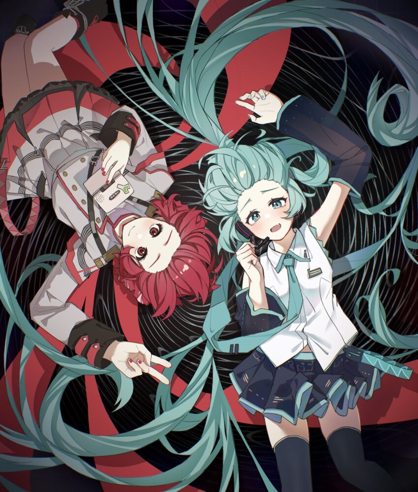 2girls alternate_hair_length alternate_hairstyle arm_up black_background black_boots black_skirt black_sleeve_cuffs black_sleeves black_thighhighs blue_eyes blue_hair blush boots buttons clenched_hand closed_mouth clothing_cutout collared_shirt compact_(cosmetics) cosmetics detached_sleeves double-breasted fang feet_out_of_frame fingernails floating_hair floating_neckwear grey_jacket grey_skirt hand_up hashtag-only_commentary hatsune_miku headphones headset highres holding jacket kasane_teto kasane_teto_(sv) lace-up_boots layered_skirt long_sleeves looking_at_viewer microphone miniskirt multiple_girls musical_staff musical_staff_print navel_cutout open_mouth pleated_skirt red_eyes red_nails red_skirt red_trim see-through_clothes see-through_sleeves shirt shoelaces skin_fang skirt skirt_set sleeveless sleeveless_shirt smile striped_clothes striped_jacket striped_skirt synthesizer_v thighhighs utau v vocaloid white_shirt wing_collar yeelyn123 zettai_ryouiki