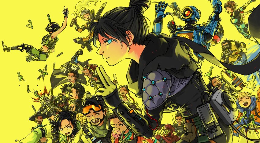 1other 6+boys 6+girls ^_^ ambiguous_gender animification annoyed apex_legends ash_(titanfall_2) bandana bangalore_(apex_legends) black_gloves black_hair black_hat blonde_hair bloodhound_(apex_legends) blue_bodysuit blue_eyes bodysuit bottle caustic_(apex_legends) closed_eyes cropped_vest crypto_(apex_legends) dark-skinned_female dark-skinned_male dark_skin double_bun dreadlocks earpiece everyone face_piercing firing flag fuse_(apex_legends) gibraltar_(apex_legends) gloves goggles goggles_on_head grey_hair hack_(apex_legends) hair_behind_ear hair_bun hat hazmat_suit headband highres holding holding_bottle holding_flag holding_leg hood hood_down hood_up hooded_bodysuit hooded_jacket horizon_(apex_legends) humanoid_robot jacket jetpack kuji-in lifeline_(apex_legends) loba_(apex_legends) looking_at_viewer mad_maggie_(apex_legends) mask mechanical_legs mirage_(apex_legends) missing_limb mouth_mask multiple_boys multiple_girls negio_(negi91_rb) nessie_(respawn) non-humanoid_robot nose_piercing octane_(apex_legends) one-eyed orange_jacket pathfinder_(apex_legends) piercing rampart_(apex_legends) red_bandana red_hair revenant_(apex_legends) ribbed_bodysuit robot seer_(apex_legends) short_hair shorts single_hair_bun smile v v-shaped_eyebrows valkyrie_(apex_legends) vest wattson_(apex_legends) white_headband white_shorts wraith_(apex_legends) yellow_background