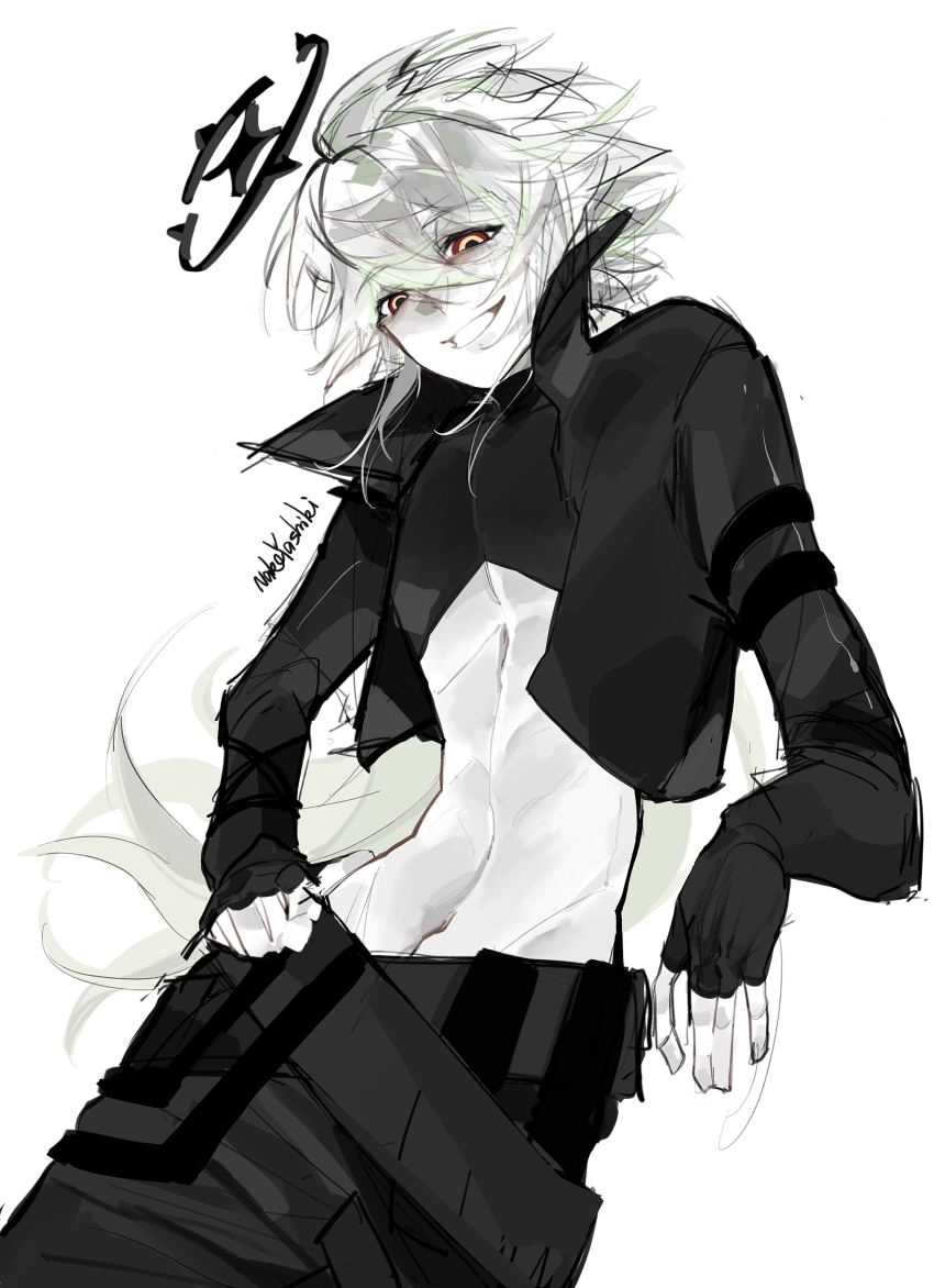 1boy absurdres aotu_world artist_name belt bishounen black_belt black_gloves black_jacket black_pants black_shirt bluetrhb crop_top cropped_jacket fingerless_gloves gloves green_hair grin groin hair_between_eyes halo hand_on_own_hip high_collar highres jacket long_hair long_sleeves looking_at_viewer low_ponytail male_focus midriff monochrome multicolored_eyes navel pants parted_lips pointy_ears ponytail red_eyes shirt simple_background sketch smile solo stomach underpec white_background xander_(aotu_world) yellow_eyes