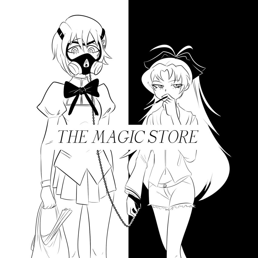 2girls album_cover_redraw bag bow bowtie chain commentary cowboy_shot death_grips derivative_work english_commentary english_text food gas_mask greyscale hair_bow highres juliet_sleeves lerimar long_hair long_sleeves looking_at_viewer mahou_shoujo_madoka_magica mask miki_sayaka monochrome multiple_girls navel pleated_skirt pocky puffy_sleeves sakura_kyoko shirt shopping_bag short_hair shorts skirt the_money_store