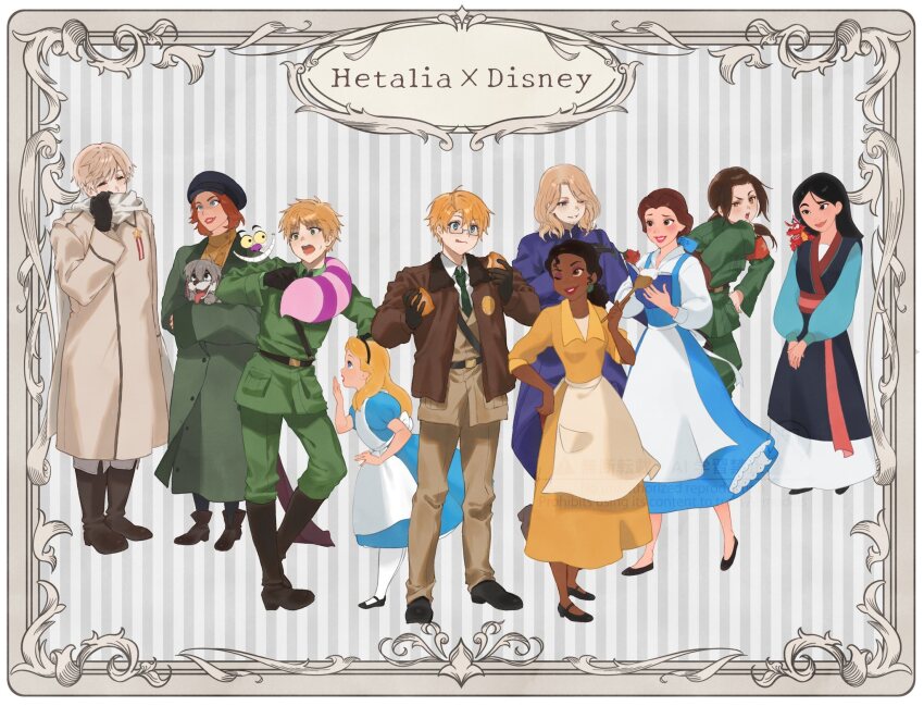 5boys 5girls alice_(alice_in_wonderland) alice_in_wonderland america_(hetalia) anastasia_(1997) animal animal_ears animal_nose anya_(anastasia) apron armband axis_powers_hetalia back_bow baggy_pants bandaged_leg bandages beauty_and_the_beast belle_(disney) belt beret black-framed_eyewear black_belt black_boots black_bow black_dress black_eyes black_gloves black_hair black_hairband black_hat black_necktie black_shoes blonde_hair blue_bow blue_dress blue_eyes blush book boots bow bow_hairband brown_belt brown_boots brown_eyes brown_hair brown_jacket brown_pants bun_(food) buttons capelet cat_tail cheshire_cat_(alice_in_wonderland) china_(hetalia) chinese_clothes closed_eyes closed_mouth coat collared_dress collared_jacket collared_shirt country_connection covering_own_mouth crossover dark-skinned_female dark_skin disney dog dog_ears dragon dress eyeshadow fa_mulan_(disney) flower food france_(hetalia) frills full_body fur-trimmed_jacket fur_trim glasses gloves green_coat green_eyes green_jacket green_necktie green_pants green_shirt hair_bow hairband hand_on_own_chin hand_on_own_hip hand_up hands_up hat highres holding holding_book holding_flower holding_food holding_spoon invisible jacket jewelry lapels lips long_hair long_sleeves looking_at_another low_ponytail makeup mandarin_collar medal military_jacket military_uniform mulan_(movie) multiple_boys multiple_girls mushu_(disney) necklace necktie one_eye_closed open_book open_clothes open_jacket open_mouth orange_dress orange_eyes orange_hair pants pantyhose pet pinafore_dress pink_sash pocket ponytail puffy_long_sleeves puffy_short_sleeves puffy_sleeves purple_capelet purple_eyeshadow purple_jacket red_armband red_flower red_pants red_rose rose russia_(hetalia) sash scared scarf semi-rimless_eyewear shirt shoes short_hair short_sleeves sidelocks sleeveless sleeveless_dress smile soji_777 spoon standing star_(symbol) star_ornament star_print striped_background sweatdrop tail teeth the_princess_and_the_frog tiana_(the_princess_and_the_frog) tongue tongue_out united_kingdom_(hetalia) white_apron white_background white_bow white_coat white_pantyhose white_scarf white_shirt wide_sleeves yellow_dress yellow_eyes
