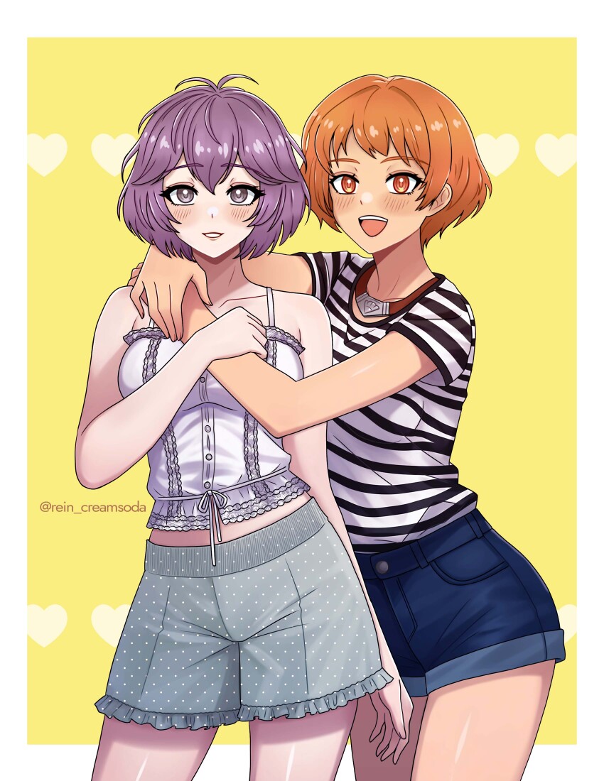 2girls absurdres alternate_costume bernadetta_von_varley breasts contemporary denim denim_shorts fire_emblem fire_emblem:_three_houses fire_emblem_warriors:_three_hopes highres jewelry leonie_pinelli medium_breasts multiple_girls necklace nintendo official_alternate_hairstyle orange_eyes orange_hair purple_eyes purple_hair rein_creamsoda shirt shorts striped_clothes white_shirt