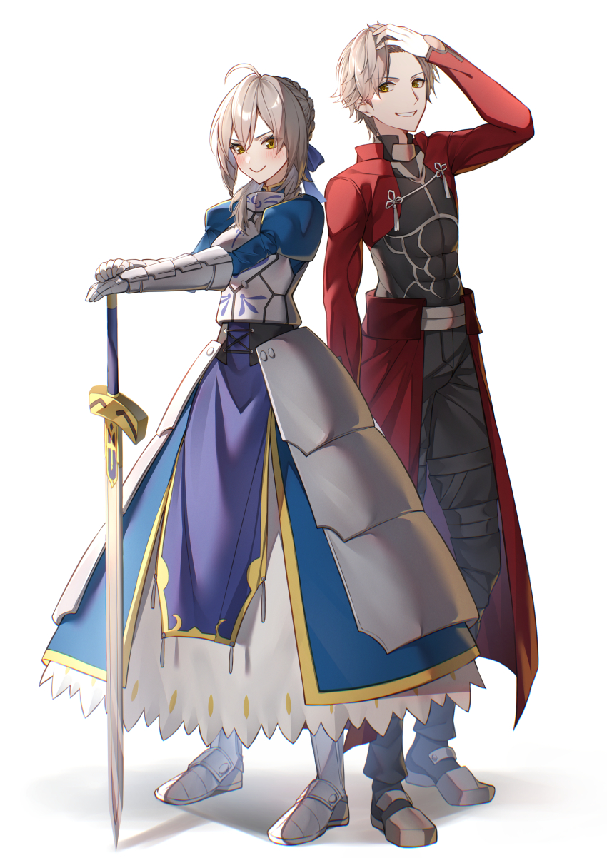 1boy 1girl absurdres ahoge alternate_hairstyle archer_(fate) archer_(fate)_(cosplay) armor armored_dress artoria_pendragon_(fate) blue_dress blue_ribbon blush caelus_(honkai:_star_rail) closed_mouth commentary_request cosplay cropped_jacket crossover dress dual_persona excalibur_(fate/stay_night) fate/stay_night fate_(series) full_body gauntlets grey_hair hair_ribbon hands_on_hilt highres honkai:_star_rail honkai_(series) jacket juliet_sleeves long_hair long_sleeves looking_at_viewer plackart puffy_sleeves red_jacket ribbon saber_(fate) saber_(fate)_(cosplay) sarasara_shoyu short_hair simple_background smile stelle_(honkai:_star_rail) sword trailblazer_(honkai:_star_rail) weapon white_background yellow_eyes
