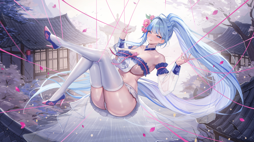 1girl absurdly_long_hair absurdres ass bare_shoulders blue_eyes blue_hair breast_curtain breasts closed_mouth detached_collar detached_sleeves flower hair_flower hair_ornament hands_up high_heels highres hovaku knees_up large_breasts leg_up long_hair long_sleeves looking_at_viewer microskirt multicolored_hair navel original panties pleated_skirt ponytail revealing_clothes see-through_clothes see-through_sleeves skirt smile snowflake_pupils solo stomach streaked_hair string symbol-shaped_pupils thighhighs thighs underwear very_long_hair waist_cape white_panties white_skirt white_thighhighs