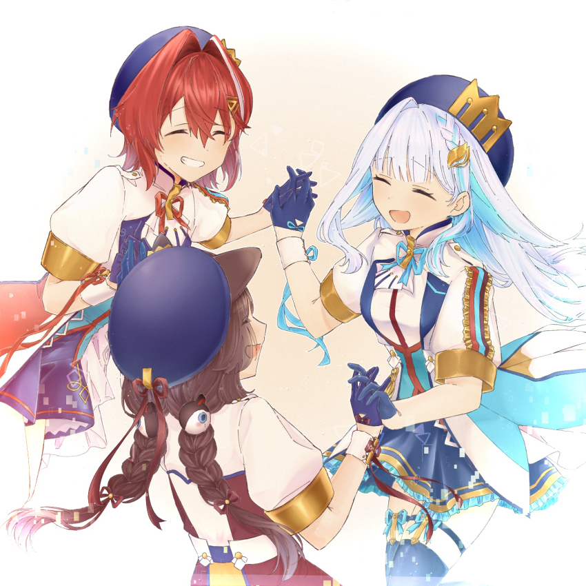 3girls ^_^ ange_katrina animal_ears animal_hair_ornament ayuko_ammobium beret blue_gloves blue_hair blue_hat blue_ribbon blue_shorts blue_skirt blue_thighhighs braid breasts brown_hair closed_eyes colored_inner_hair colored_lapels commentary_request crown_hat_ornament dog_ears dot_nose floating_hair frilled_skirt frills glove_bow gloves gradient_background grin hair_between_eyes hair_intakes hair_ornament hair_ribbon half_gloves hat hat_ribbon highres holding_hands idol_clothes interlocked_fingers inui_toko jacket legwear_garter light_blush lize_helesta long_bangs long_hair long_sidelocks low_twin_braids medium_hair miniskirt multicolored_hair multiple_girls nijisanji open_clothes open_jacket open_mouth purple_ribbon radial_gradient_background red_hair red_ribbon ribbon sanbaka_(nijisanji) sanbaka_anniversary_outfit short_sleeves shorts sidelocks single_hair_intake single_sidelock single_wrist_cuff skirt small_breasts smile streaked_hair thighhighs twin_braids two-tone_hair virtual_youtuber white_background white_hair white_jacket white_wrist_cuffs wrist_cuffs wrist_ribbon yellow_background zettai_ryouiki