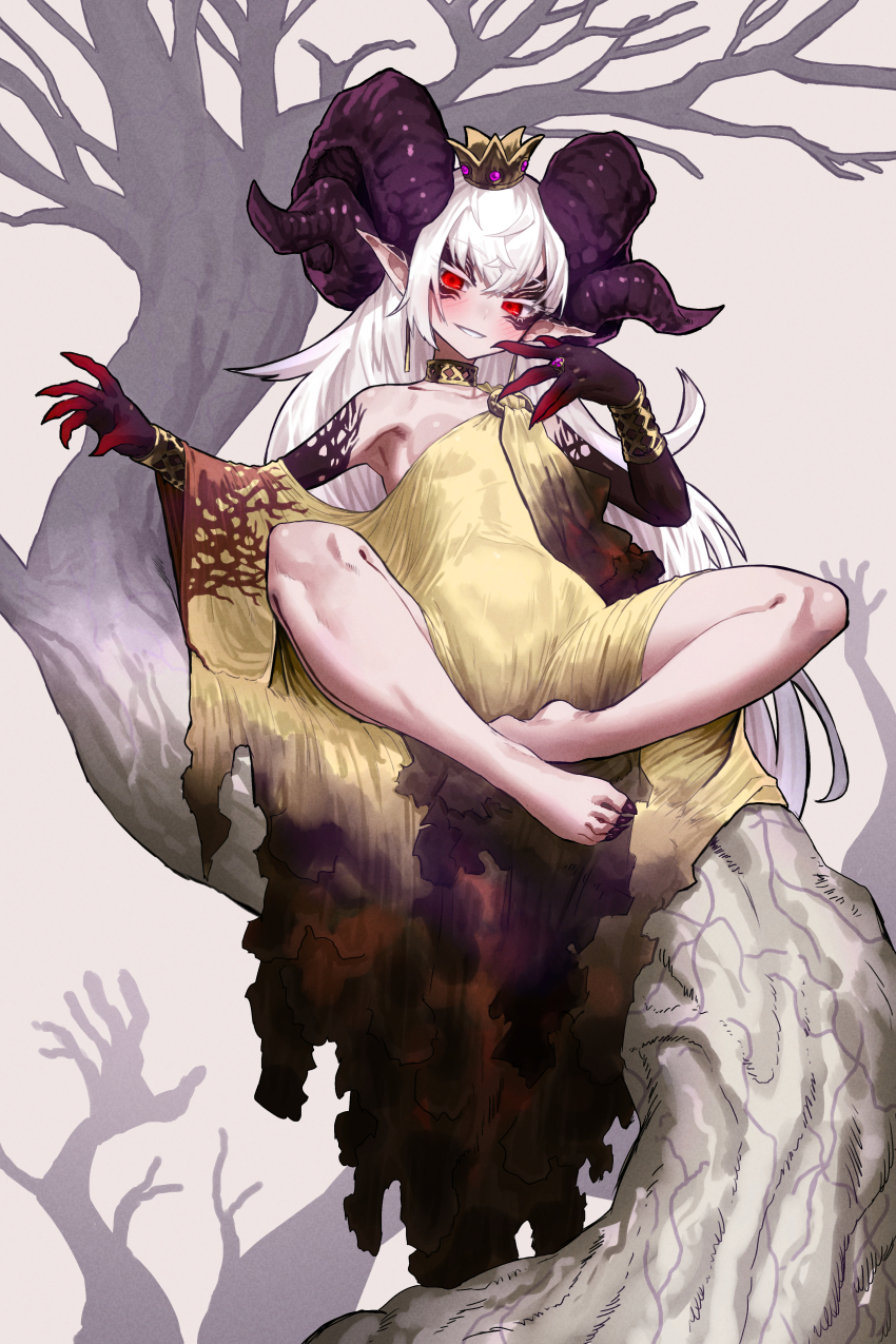 1girl absurdres bare_legs barefoot black_horns black_nails black_skin blush bracer breasts claws colored_skin commentary_request crown curled_horns demon_girl dress ekrea_jan facial_tattoo feet full_body gold_choker highres horns huge_horns in_tree jewelry long_dress long_hair looking_at_viewer loose_clothes maou-chan_(ekrea_jan) mini_crown multicolored_skin nail_polish no_bra original pale_skin pointy_ears red_eyes ring sharp_toenails single_strap sitting sitting_in_tree small_breasts solo tattoo toenail_polish toenails tree under_shot very_long_hair white_hair yellow_dress