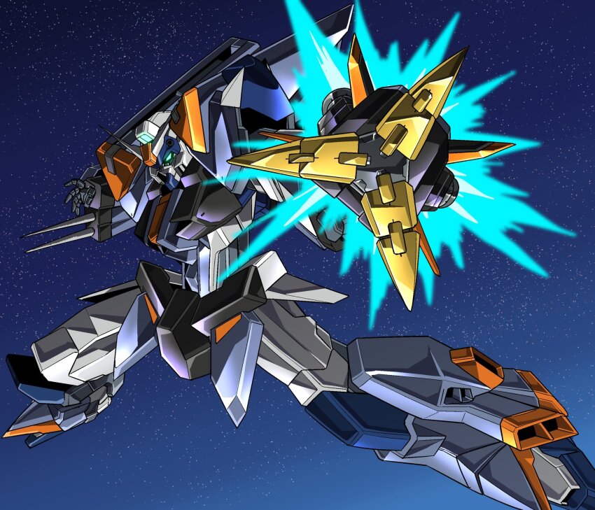 amakawa_mayu duel_blitz_gundam firing firing_at_viewer green_eyes gundam gundam_seed gundam_seed_freedom highres mecha mecha_focus mobile_suit no_humans robot science_fiction solo v-fin weapon