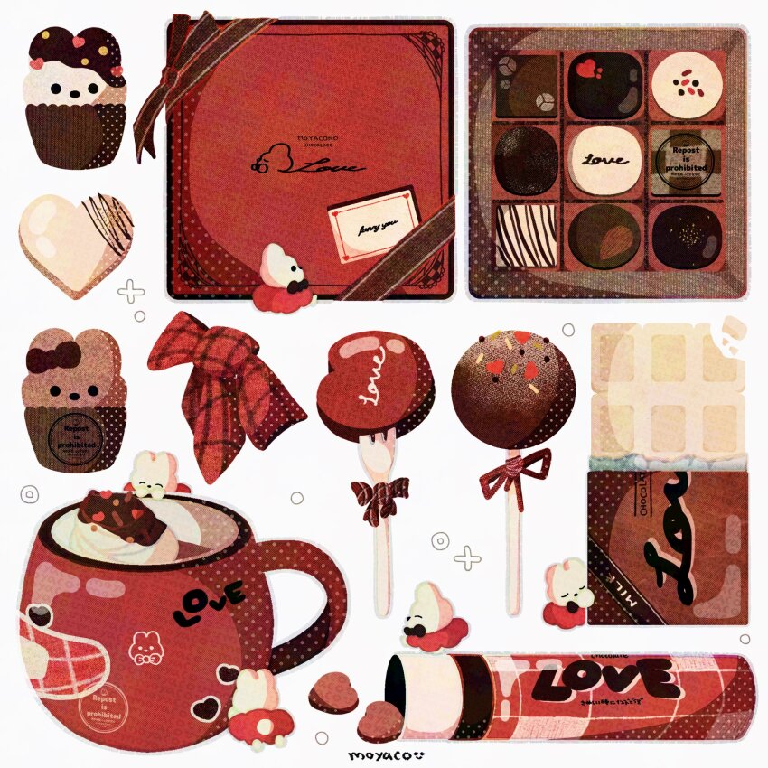 artist_name bow candy chocolate closed_eyes commentary cup cupcake dessert english_commentary english_text food food_focus fork heart highres lollipop moyaco mug no_humans original red_theme signature simple_background solid_circle_eyes solid_eyes white_background white_chocolate