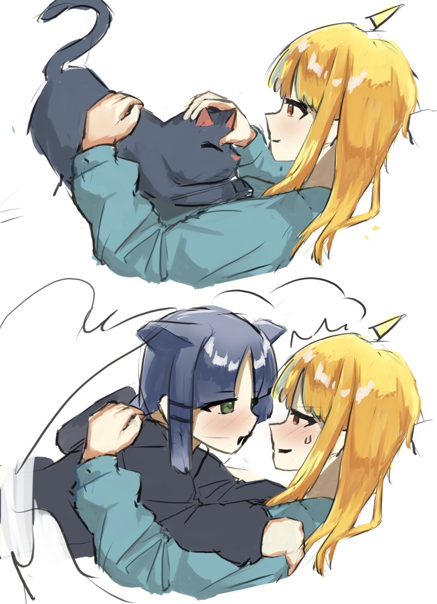2girls absurdres ahoge animal_ears black_cat black_hoodie blonde_hair blue_hair blue_sweater blush bocchi_the_rock! cat cat_ears cat_on_chest closed_mouth commentary english_commentary green_eyes highres hood hoodie ijichi_nijika kemonomimi_mode kunchim2_cat_transformation_template_(meme) long_hair long_sleeves lying_on_person meme multiple_girls red_eyes ryomada short_hair simple_background smile sweatdrop sweater transformation white_background yamada_ryo yuri