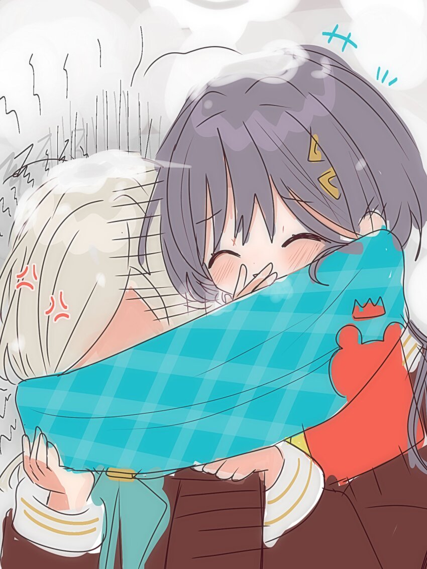 +++ 2girls ^_^ anger_vein aqua_neckerchief blue_scarf blush brown_dress ceras_yanagida_lilienfeld closed_eyes col_person commentary dress edel_note grey_background hair_ornament hand_on_another&#039;s_shoulder hasu_no_sora_school_uniform head_steam highres katsuragi_izumi link!_like!_love_live! long_hair love_live! multiple_girls neckerchief notice_lines parted_bangs raised_inner_eyebrows scarf school_uniform shared_clothes shared_scarf shout_lines symbol-only_commentary triangle_hair_ornament upper_body winter_uniform wolf_cut yuri