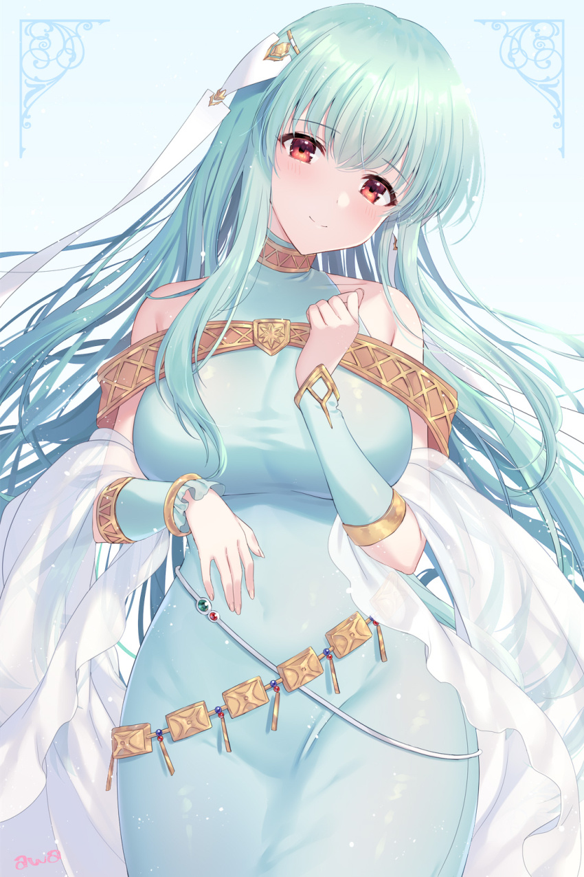 1girl aqua_dress aqua_hair awayuki_ramika bare_shoulders bracelet breasts closed_mouth commission dress fire_emblem fire_emblem:_the_blazing_blade highres jewelry large_breasts long_hair looking_at_viewer ninian_(fire_emblem) nintendo red_eyes skeb_commission smile solo