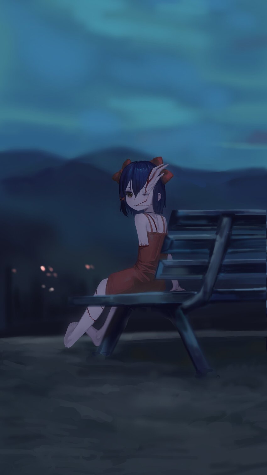 1girl absurdres amputee bench bow brown_eyes dawn dress fog hair_bow hair_ornament highres horns looking_back mimizu_ningen miside mita_(miside) one_eye_closed outdoors purple_hair red_bow red_dress single_horn sitting skin-covered_horns smile solo stitched_face stitched_leg stitches strapless strapless_dress tiny_mita_(miside) x_hair_ornament
