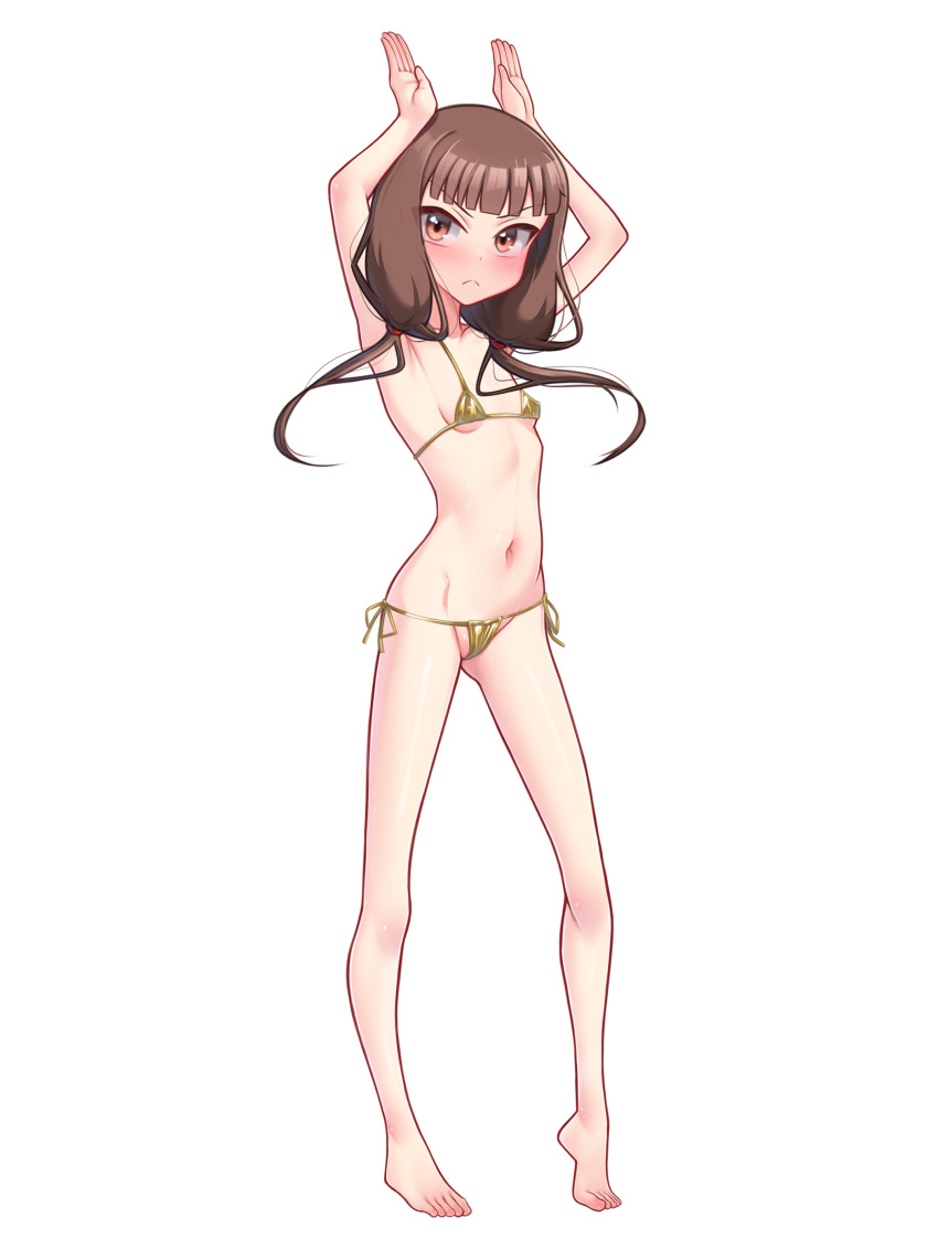 1girl absurdres arms_up barefoot blunt_bangs blush breasts brown_eyes brown_hair collarbone full_body highres iino_miko kaguya-sama_wa_kokurasetai_~tensai-tachi_no_renai_zunousen~ long_hair looking_at_viewer low_twintails moriforests navel simple_background small_breasts solo standing twintails white_background