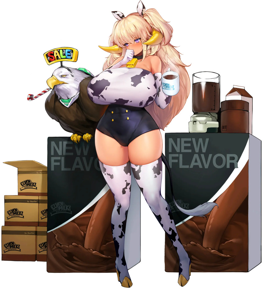 1girl animal_ears animal_print bird blender_(object) blonde_hair blush boots breasts chocolate_milk cleavage covered_erect_nipples cow_ears cow_girl cow_print cow_tail cup dark_elf dark_elven_forest_ranger eagle elbow_gloves elf english_text full_body game_cg gloves gyaru hair_between_eyes highres horns huge_breasts kogal last_origin long_hair looking_at_viewer mug mug_writing navel official_art one-piece_swimsuit pointy_ears purple_eyes snowball22 solo swimsuit tachi-e tail thick_thighs thigh_boots thighhighs thighs transparent_background two_side_up white_thighhighs wide_hips