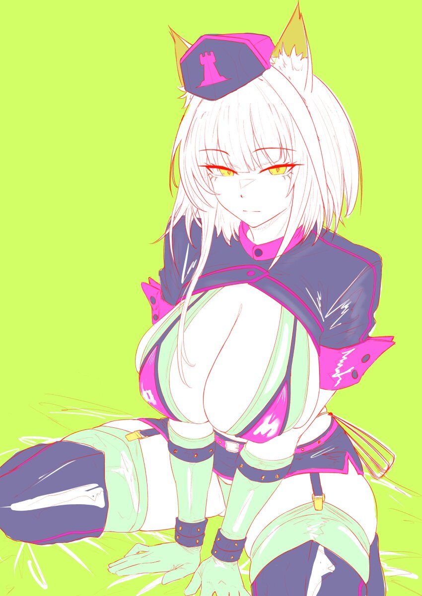 1girl absurdres animal_ears arknights bikini breasts cassava_sketch character_request cosplay fate/grand_order fate_(series) florence_nightingale_(fate) florence_nightingale_(trick_or_treatment)_(fate) florence_nightingale_(trick_or_treatment)_(fate)_(cosplay) gloves green_bikini green_gloves green_thighhighs hat highres layered_bikini long_sidelocks official_alternate_costume short_hair shrug_(clothing) sidelocks skirt squatting swimsuit thighhighs