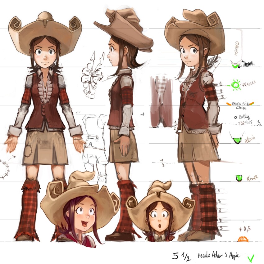 1girl armband arms_at_sides arms_behind_back arrow_(symbol) back_bow blue_eyes bow breasts brown_hair brown_shoes brown_skirt buttons center_frills checkered_armband checkered_clothes checkered_leg_warmers collared_shirt david_revoy english_text frilled_shirt frills from_side hair_behind_ear hat highres leg_warmers long_sleeves looking_at_viewer medium_hair multiple_persona multiple_views numbered open_mouth patch pepper&amp;carrot pepper_(pepper&amp;carrot) plus_sign red_armband red_leg_warmers red_vest reference_sheet shirt shoes sidelocks skirt smile solo standing vest white_shirt witch_hat