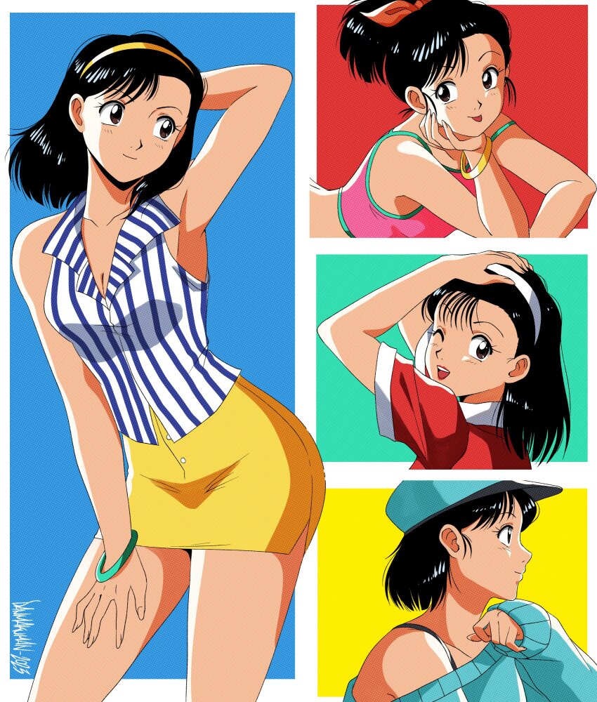 1girl absurdres arm_up armpits baseball_cap black_eyes black_hair blue_background bracelet cardigan commentary crop_top danmakuman dated english_commentary fashion gold_bracelet green_background green_cardigan green_hat hairband hat highres inokuma_yawara jewelry looking_at_viewer looking_to_the_side medium_hair miniskirt multiple_views off_shoulder one_eye_closed open_mouth pencil_skirt pink_tank_top ponytail profile red_background red_shirt retro_artstyle shirt signature skirt sleeveless sleeveless_shirt tank_top tongue tongue_out white_hairband yawara_a_fashionable_judo_girl yellow_background yellow_hairband yellow_skirt